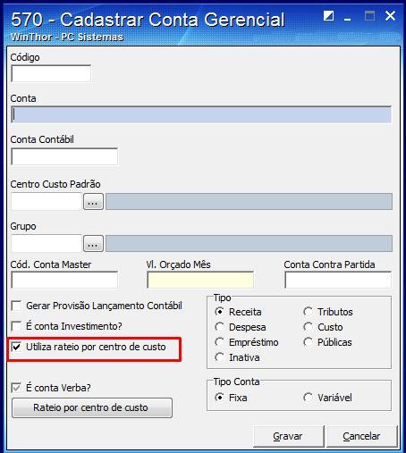 9.3 Verificar Cadastro das Regras de Contabilização Para que os lançamentos gerenciais que possuem Centro de Custo sejam integrados de forma automática ao Módulo Contábil, é necessário que as contas