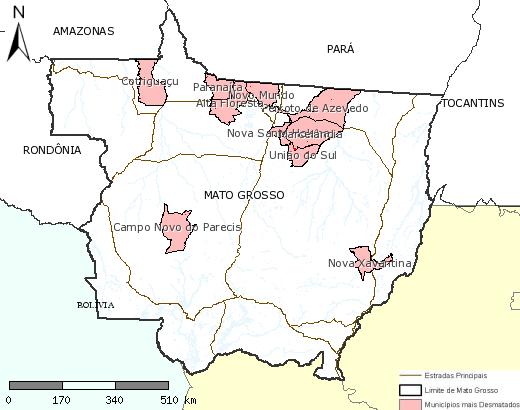 Tabela 4. Unidades de Conservação mais desmatadas em Mato Grosso em fevereiro de 2007. Categoria Unidades de Conservação Ranking Área (km²) Parque Estadual PES do Cristalino II 1 0.