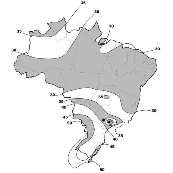 48 Figura 2.4: Mapa com as velocidades de referência do vento em [m s], sobre rajadas de 3s, a 10m sobre o nível do terreno em lugar aberto e plano, Loredo-Souza et al. (2009, p. 2). 2.5.