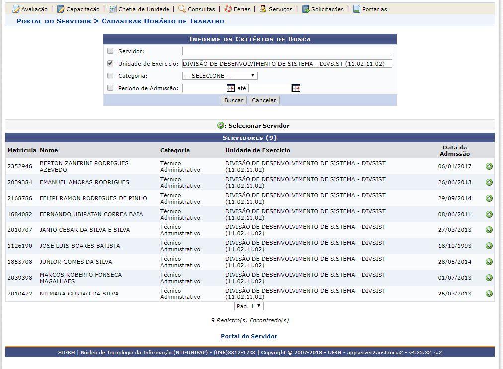 2. CADASTRAR HORÁRIO DE TRABALHO Para realizar essa operação, acesse o SIGRH Menu