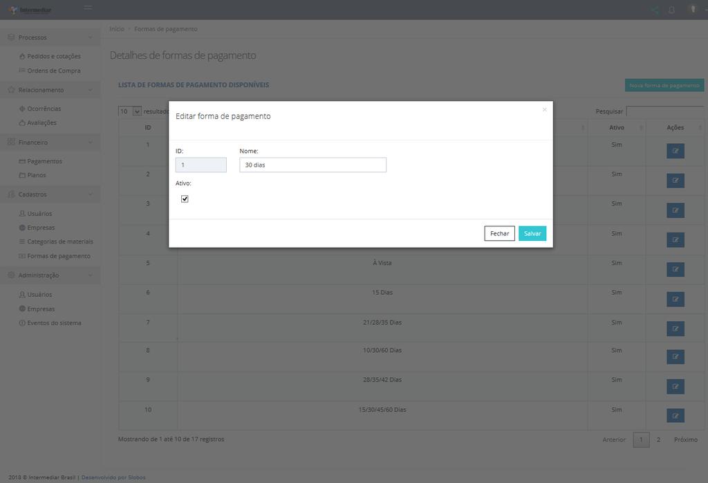 Figura 37 3.4. Gerenciamento de planos Para gerenciar os planos, o administrador deverá ir à seção "Financeiro" e clicar em "Planos", para visualizar a lista de planos disponíveis (fig.