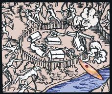 O SISTEMA DE ORDENANÇAS Gravuras de 1557 do livro Hans Staden representando um engenho de açúcar idealizado como uma construção medieval fortificada em São Vivente e uma paliçada de defesa com suas