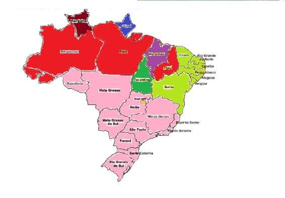 Figura 35: Mapa do Brasil com os Estados Agrupados em 8 Clusters É possível perceber visualmente que as regiões Centro-Oeste, Sul e Sudeste formam um agrupamento, sendo estes os municípios mais