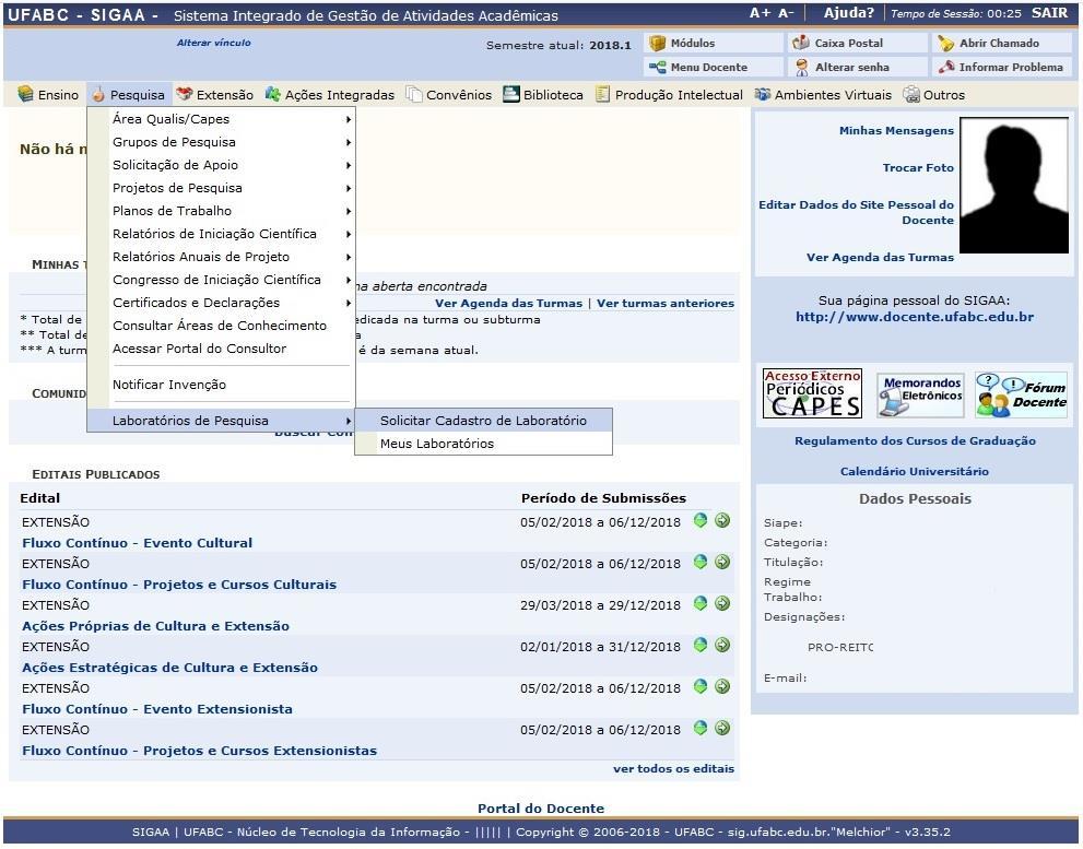Após o login, o gestor visualizará a página com o menu principal do SIGAA Portal do Docente (Figura 2).