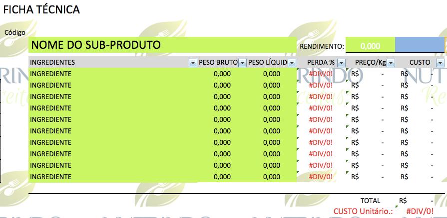 A ficha técnica de sub-produto serve para cadastrar as receitas que não são vendidas individualmente no cardápio, mas fazem parte de produtos. Exemplo: molho vermelho utilizado na Massa ao Sugo.