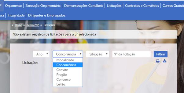 Licitações A pesquisa na área de Licitações também possui busca detalhada por assunto; o sistema permite a consulta por quatro filtros específicos: Ano, Modalidade (Concorrência, Convite,