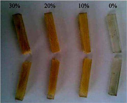 Figure 4. Typical ruptured specimens of polyester composites reinforced with hemp fibers by Charpy impact tests. Even with 10% of fiber, the rupture is no longer completely transversal.