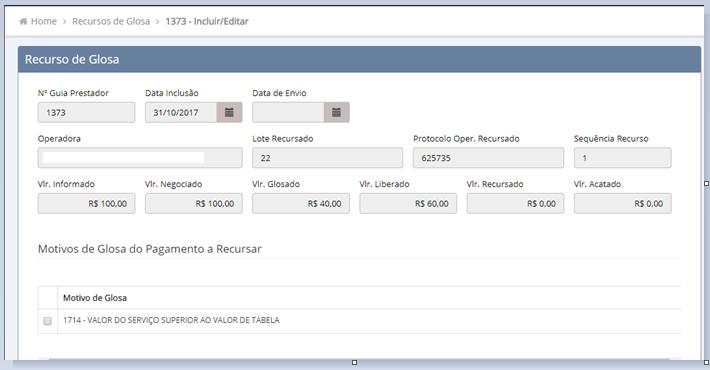 Ao confirmar a opção, incluir novo recurso será apresentado tela onde deve incluir Motivos de Glosa de pagamento a Recursar e Itens com as Glosas