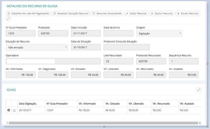 No Detalhes do Recurso de Glosa solicitado será habilitado Menu Superior com as opções a seguir. Neste momento o recurso deve ser enviado clicando na opção na figura abaixo.