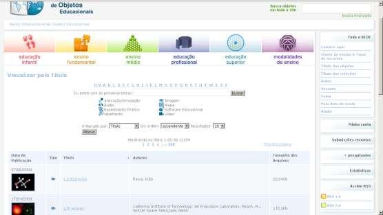 Utilizando o Menu lateral podemos selecionar o objeto por nível de ensino,assunto, título, autor, tema, data.