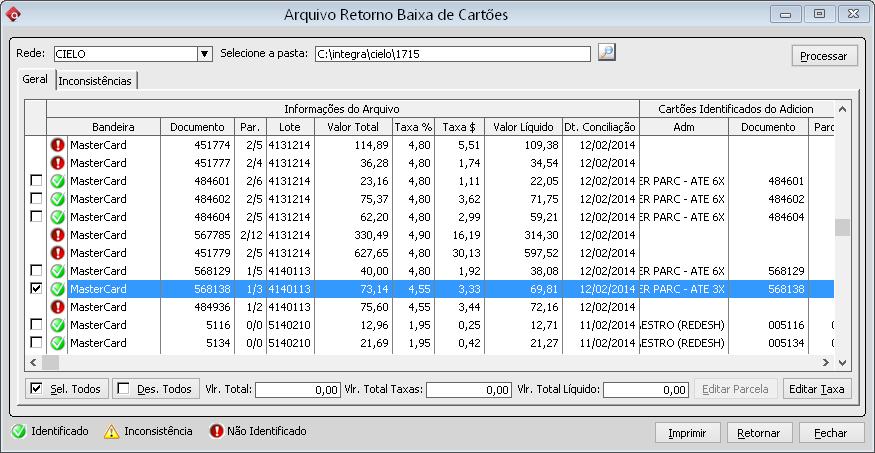 A Data do Movimento ficará desabilitada, e a Data da Conciliação em branco, será inserido um lançamento/recibo por parcela de cartão de acordo com a