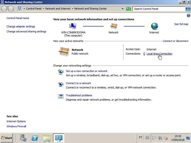 Na janela Network and Sharing Center