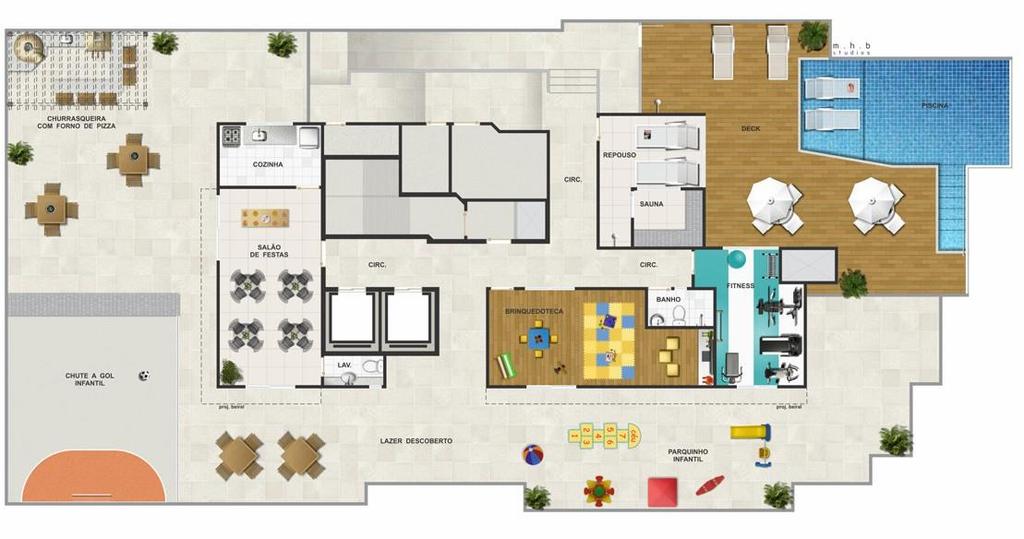 2 MASTERPLAN 1 3 1Piscina e Deck Molhado 2Churrasqueira com Forno depizza 3- Sauna e Espaço