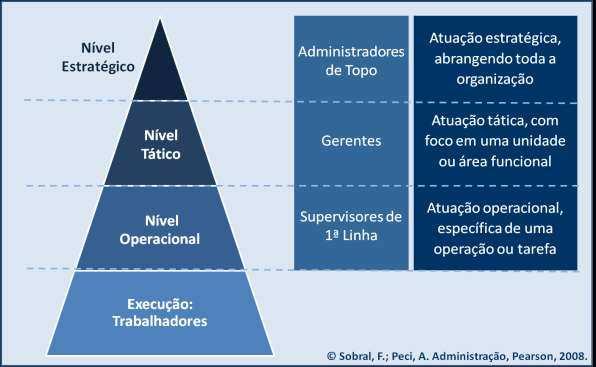 Aula 00 Figure 1 - Níveis Organizacionais. Fonte: (Sobral & Peci, 2008) O nível estratégico é o mais alto da hierarquia, onde os gestores da alta cúpula (presidentes, diretores, etc.