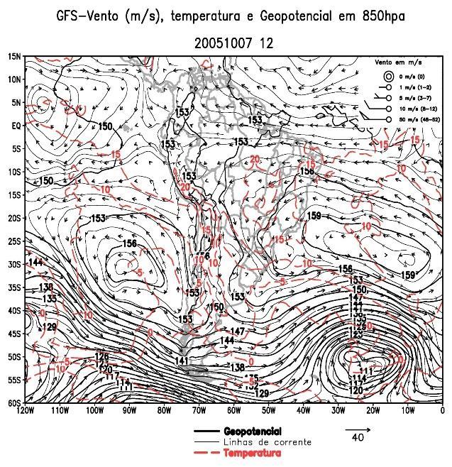 Figura 17 Ventos a: (a) 850 hpa às 12:00h do dia 07/10/05, (b) 250 hpa às 12:00h