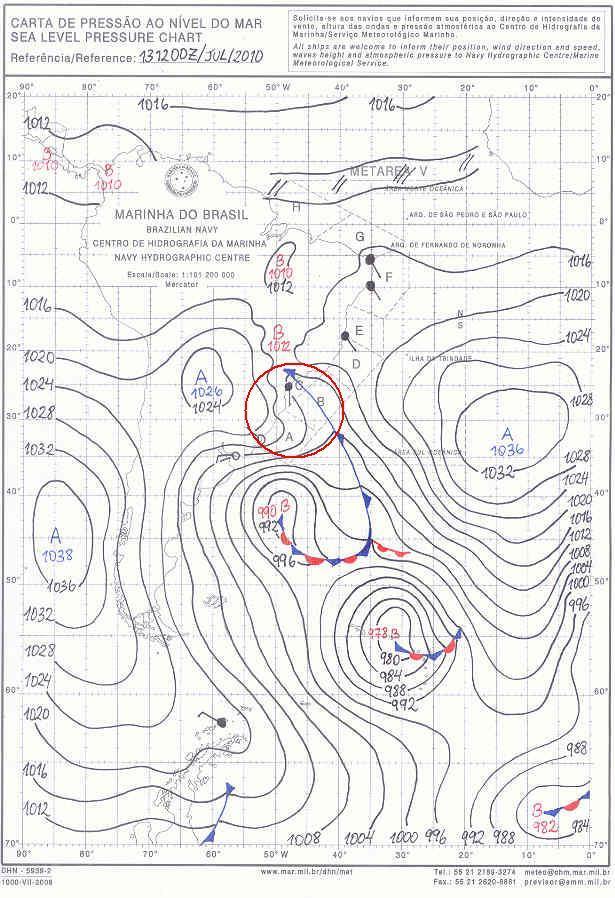 8 Figura 3 Carta sinótica de pressão ao nível do mar (hpa) para o dia 13/07/10 às 12 UTC (FONTE: DHN MARINHA DO BRASIL).