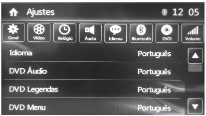 Idioma: Pressione para definir o idioma. Português, Inglês ou Espanhol. *DVD Áudio: Pressione para selecionar o idioma de Áudio padrão. Recurso disponível em DVD's que apresentam função multiaudio.