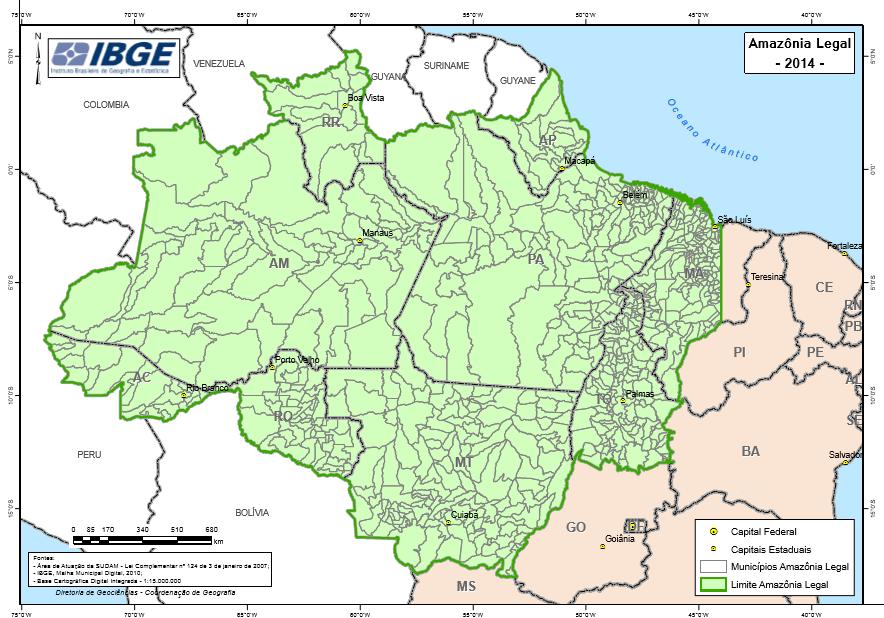 31 Figura 13 - Amazônia Legal Fonte: IBGE (2014) A Amazônia legal tem diversas características peculiares que influenciam no mapeamento desta área, como: grande extensão geográfica e longas