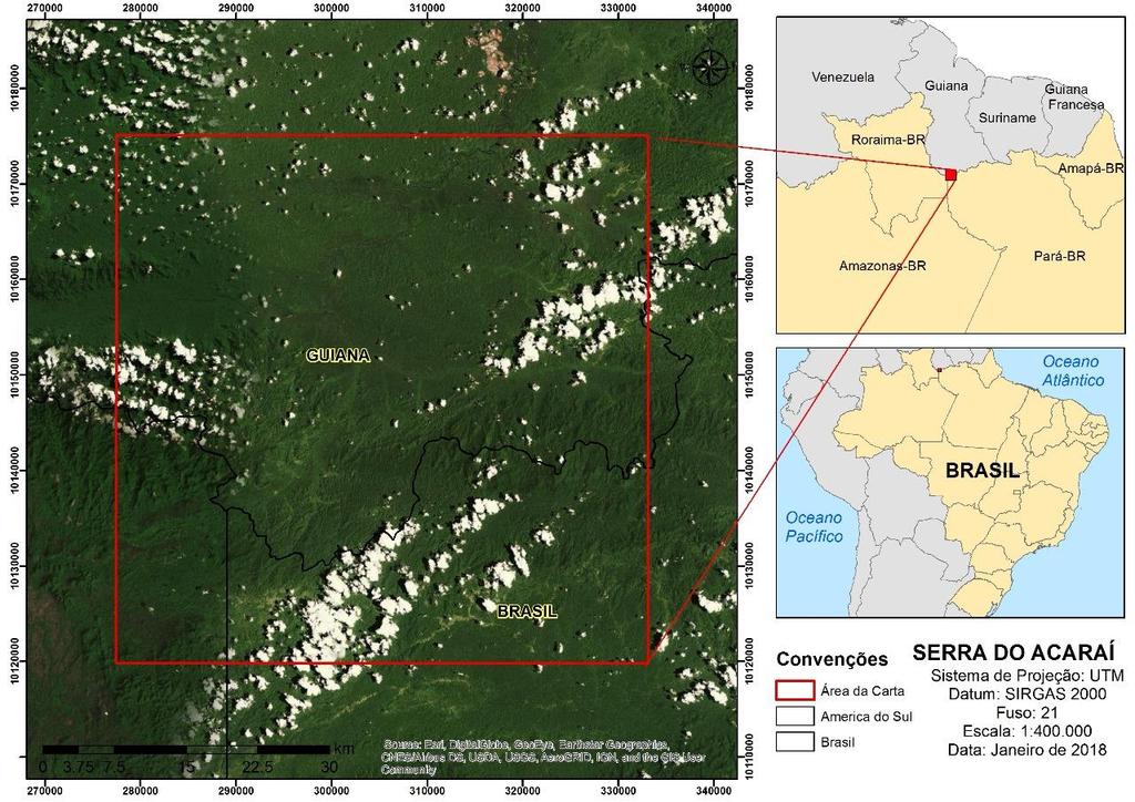 44 Figura 22 - Mapa de localização da Serra do Acaraí, divisa entre Brasil e Guiana Fonte: Autora, 2018 3.