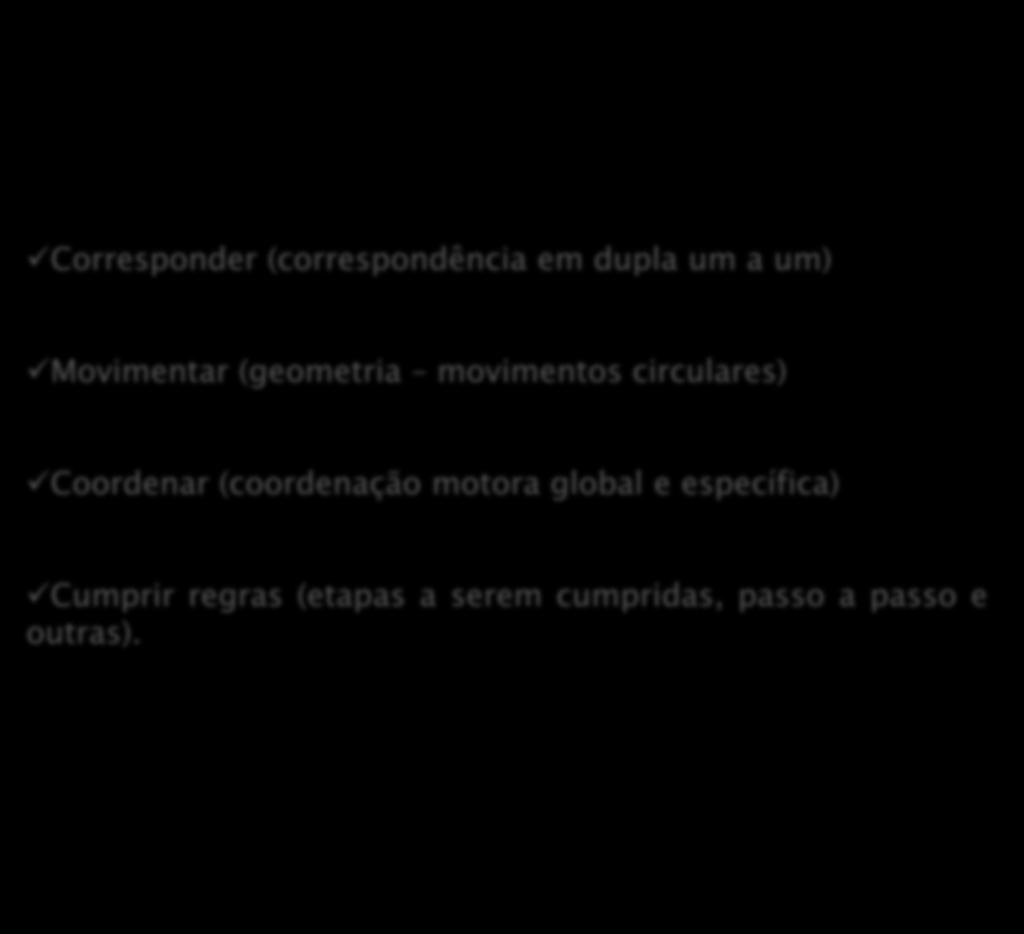 Corresponder (correspondência em dupla um a um) Movimentar (geometria movimentos circulares) Coordenar