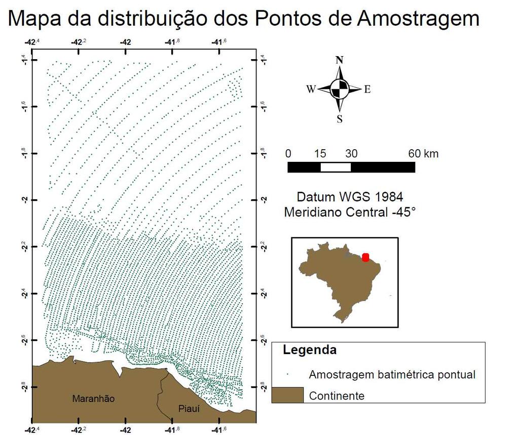 Figura 02. Distribuição dos pontos de amostragem batimétrica na área de estudo.