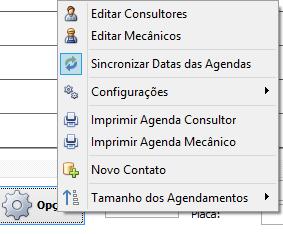 Editar Consultores: Permite selecionar os consultores que ficarão disponíveis para agendamento; Editar Mecânicos: Permite selecionar os mecânicos que ficarão disponíveis para agendamento; Sincronizar