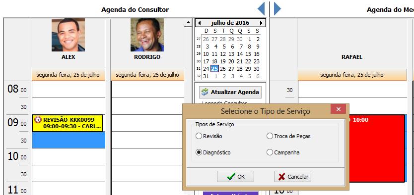 Ao registrar o agendamento do consultor, é necessário informar o tipo de serviço que será realizado.