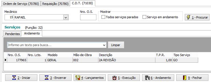 Com o serviço iniciado, o registro será movido automaticamente para a aba <Andamento>.