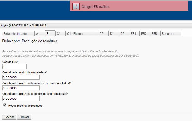 As situações impeditivas da submissão do MIRR são listadas na parte superior do ecrã, no formulário correspondente, como Alertas de preenchimento.