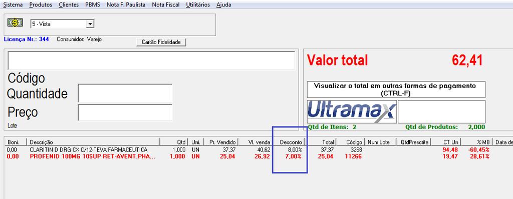 ULTRAPDV Quando inseridos produtos durante a venda os descontos acima são aplicados automaticamente.