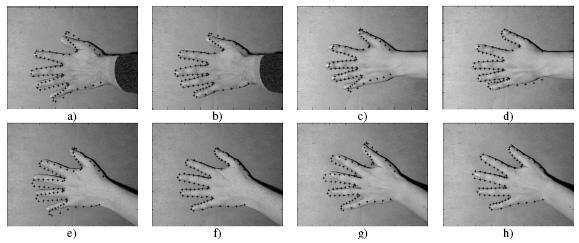 Fig. 18: Exemplo de segmentação de objectos em novas imagens usando um modelo de forma activa: imagens originais com o modelo médio sobreposto (a, c, e, g) e resultado final da segmentação (b, d, f,