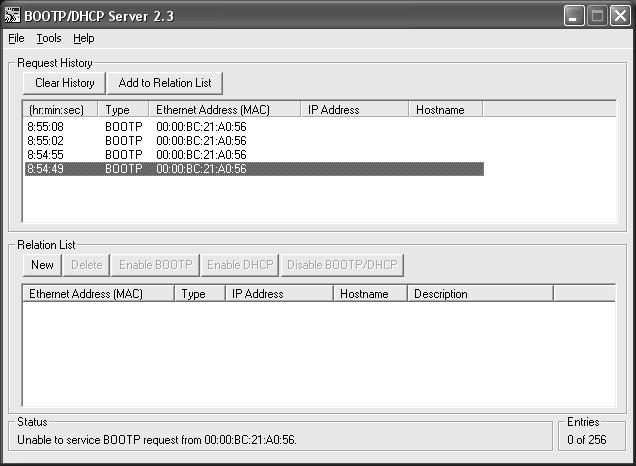 No painel BOOTP Request History, você verá os endereços do hardware de dispositivos que emitem pedidos ao BOOTP.