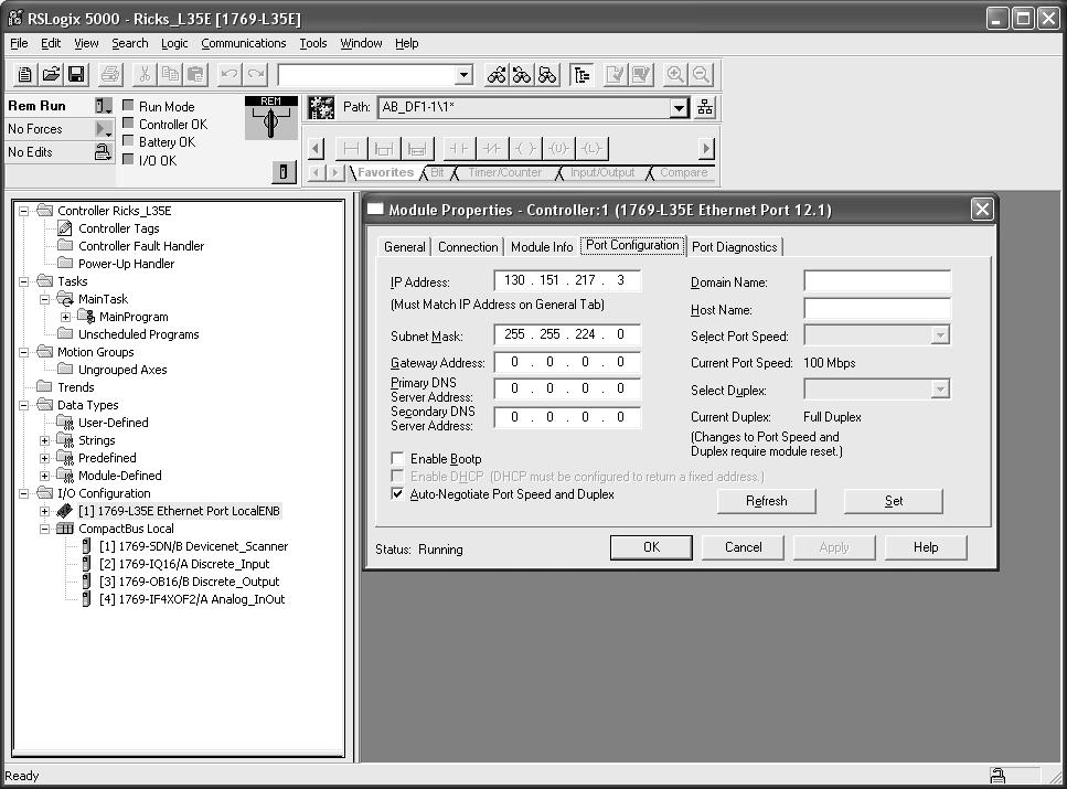 Controlador CompactLogix 1769-L31 21 3. Inicie o software RSLogix 5000. Em Controller Organizer, selecione as propriedade para porta da Ethernet. 4.