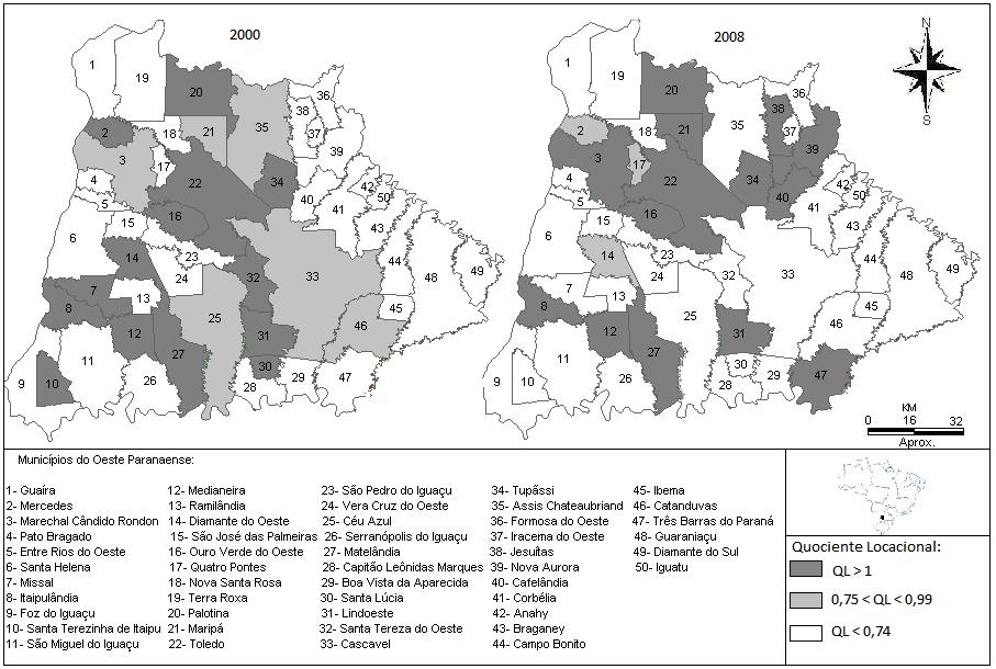 43 Figura 2: Perfil locacional do ramo de produtos alimentícios e bebidas na Mesorregião Oeste do Paraná nos anos de 2000 e 2008. Fonte: Resultados da Pesquisa a partir de dados da RAIS (2008).