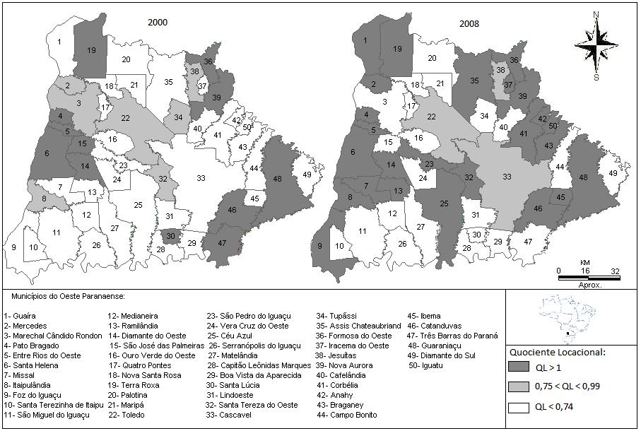 44 Figura 3: Perfil locacional do ramo têxtil e vestuário na Mesorregião Oeste do Paraná nos anos de 2000 e 2008. Fonte: Resultados da Pesquisa a partir de dados da RAIS (2008).