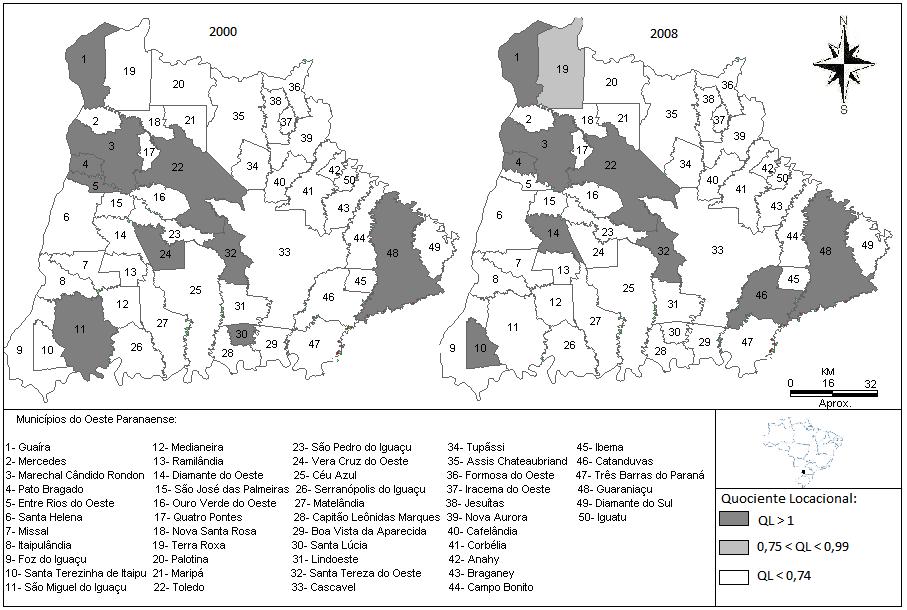 45 Figura 4: Perfil locacional do ramo de couro na Mesorregião Oeste do Paraná nos anos de 2000 e 2008. Fonte: Resultados da Pesquisa a partir de dados da RAIS (2008).