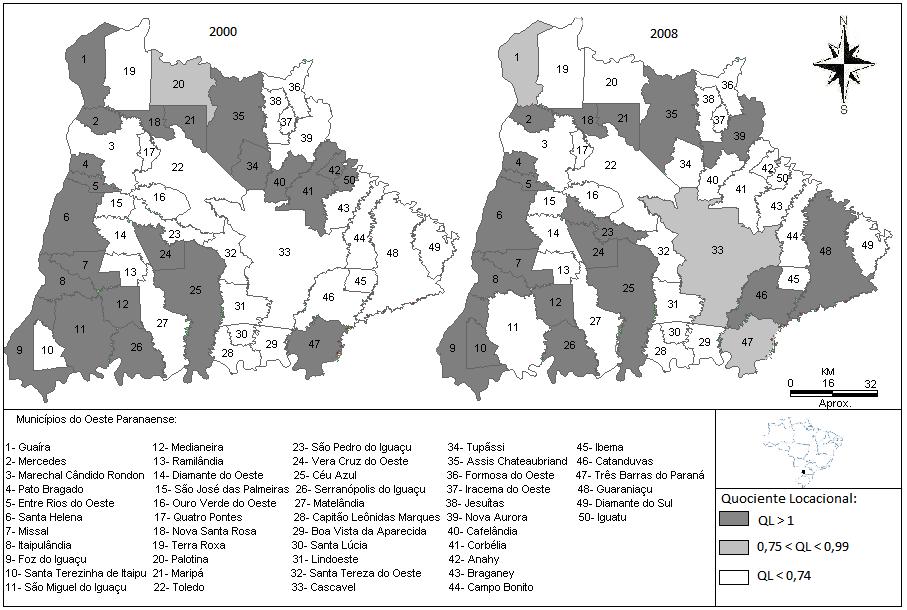 49 Figura 8: Perfil locacional do ramo de produtos minerais não metálicos na Mesorregião Oeste do Paraná nos anos de 2000 e 2008. Fonte: Resultados da Pesquisa a partir de dados da RAIS (2008).