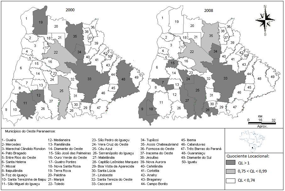 51 Figura 10: Perfil locacional do ramo de borracha e plástico na Mesorregião Oeste do Paraná nos anos de 2000 e 2008. Fonte: Resultados da Pesquisa a partir de dados da RAIS (2008).