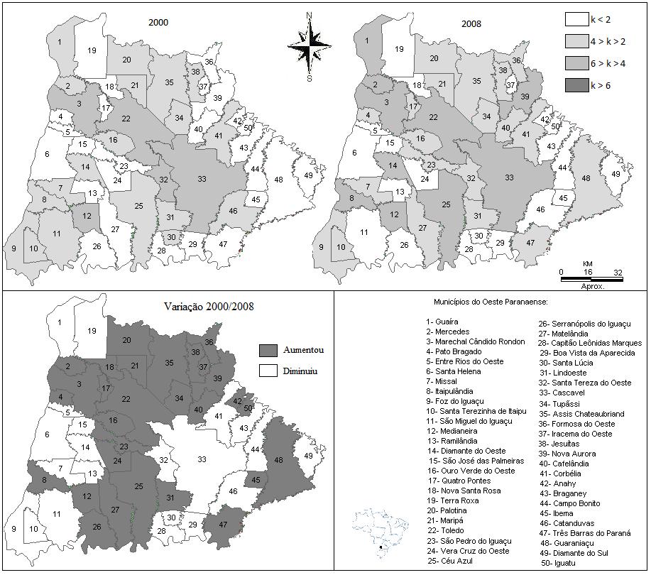 60 municípios de Santa Terezinha do Itaipu e Santa Helena. Guairá foi o município que mais concentrou esta divisão em 2000 com QL elevadíssimo de 55,76 e em 2008 com QL de 15,47. 4.