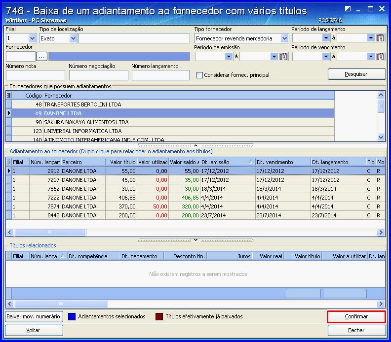 65 1.1.5.1.2.3 um título com vários adiantamentos Realiza o processo de baixa de um título do valor total ou parcial a partir de vários adiantamentos.