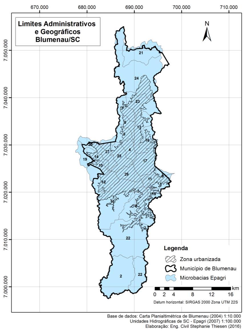 76 Os limites administrativos e geográficos das unidades hidrológicas de Blumenau podem