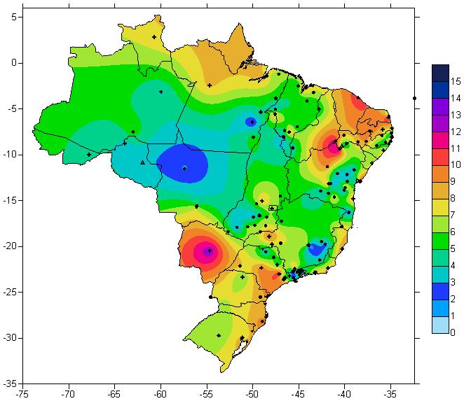 Velocidade Média (m/s) Anual de Vento no Brasil Faixa