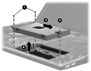 18. Levante a unidade de disco rígido (4), retirando-a da respectiva baía. Para instalar uma unidade de disco rígido: 1. Insira a unidade de disco rígido dentro da respectiva baía (1). 2.