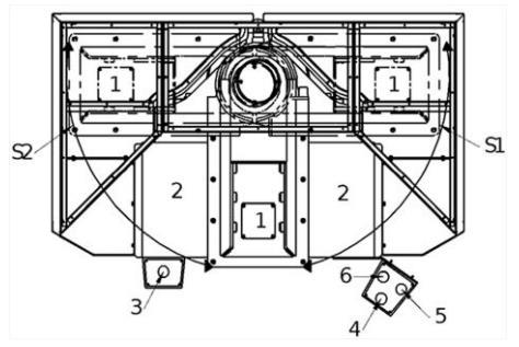 1. braço móvel 2. superfície de corte 3 e 4. dispositivo de acionamento bimanual, corte 3 e 5. dispositivo de acionamento bimanual, deslocamento para direita 3 e 6.