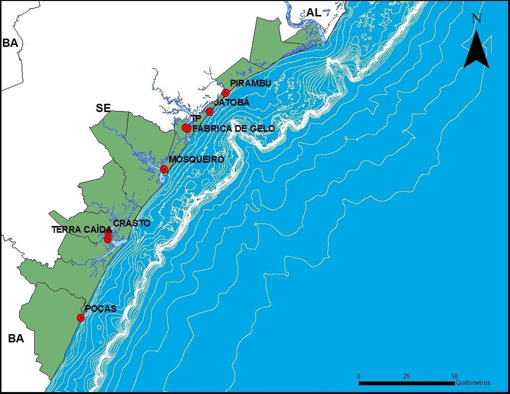 Figura 2: Área de estudo: litoral do estado de Sergipe e extremo norte da Bahia. Os pontos indicam os portos utilizados para este trabalho. 3.