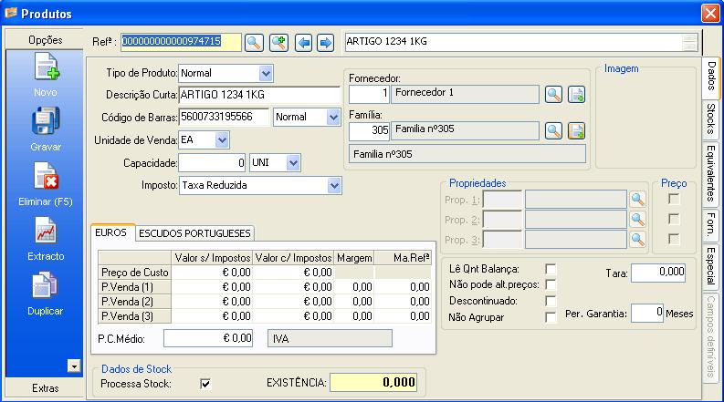 Fornecedor e Família definidos na janela de interface do script.