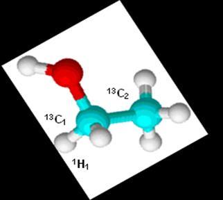 carbono 13 C 1 e 13 C 2, e os átomos de hidrogênio 1 H 1 e 1 H 2, essa nomenclatura será respeitada ao longo de todo o trabalho. Figura 4.1.2. Representação dos átomos 13 C 1, 13 C 2, 1 H 1 e 1 H 2 na molécula de etanol.