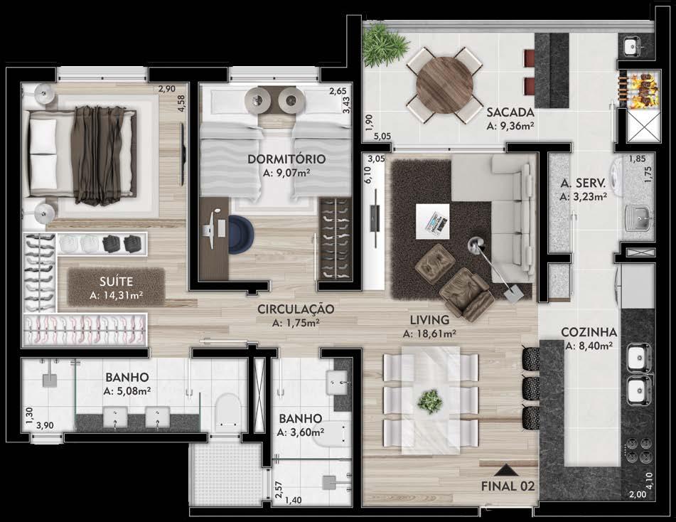 Planta 2 Dormitórios 302 a 1002 85m² privativos Sacada ampla com espaço gourmet, churrasqueira, ponto para pia e bifeteira, e pequeno jardim privativo Ampla suíte com espaço para closet.