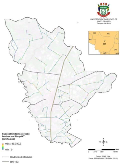 Figura 24: Susceptibilidade à erosão nas estradas não pavimentadas de Sinop-MT O estudo para determinar um coeficiente que defina a influência do tráfego de veículos sobre a estrada, em relação à