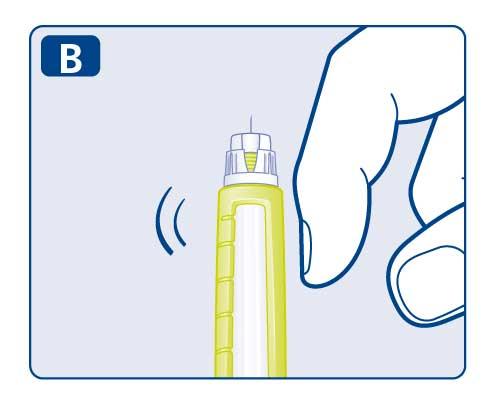 Pressione e mantenha pressionado o botão injetor até o marcador de doses voltar a 0. O número 0 tem de ficar alinhado com o indicador de dose. Deve aparecer uma gota de insulina na ponta da agulha.